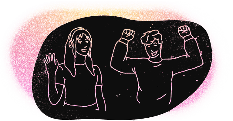 A black lino-cut stamp of two people against an orange-to-pink gradient background. The person on the left has long hair, is wearing headphones, and is waving. The person on the right has short hair and is lifting their arms up and smiling.