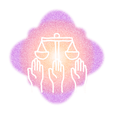 A white sketch of three hands held out towards a weighing scale against an airbrushed background with a warm gradient going from white to orange and purple.