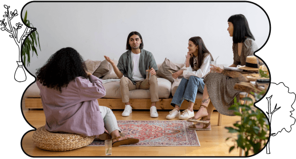 A picture of four people sitting and talking on a couch in a semi-circle, cropped in a bubbly shape with a black border and tree sketches on the top-left and bottom-right corners.