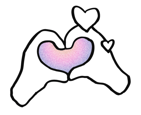 A sketch of hands making a heart shape with the heart filled with a gradient going from orange, to pink, and to purple.