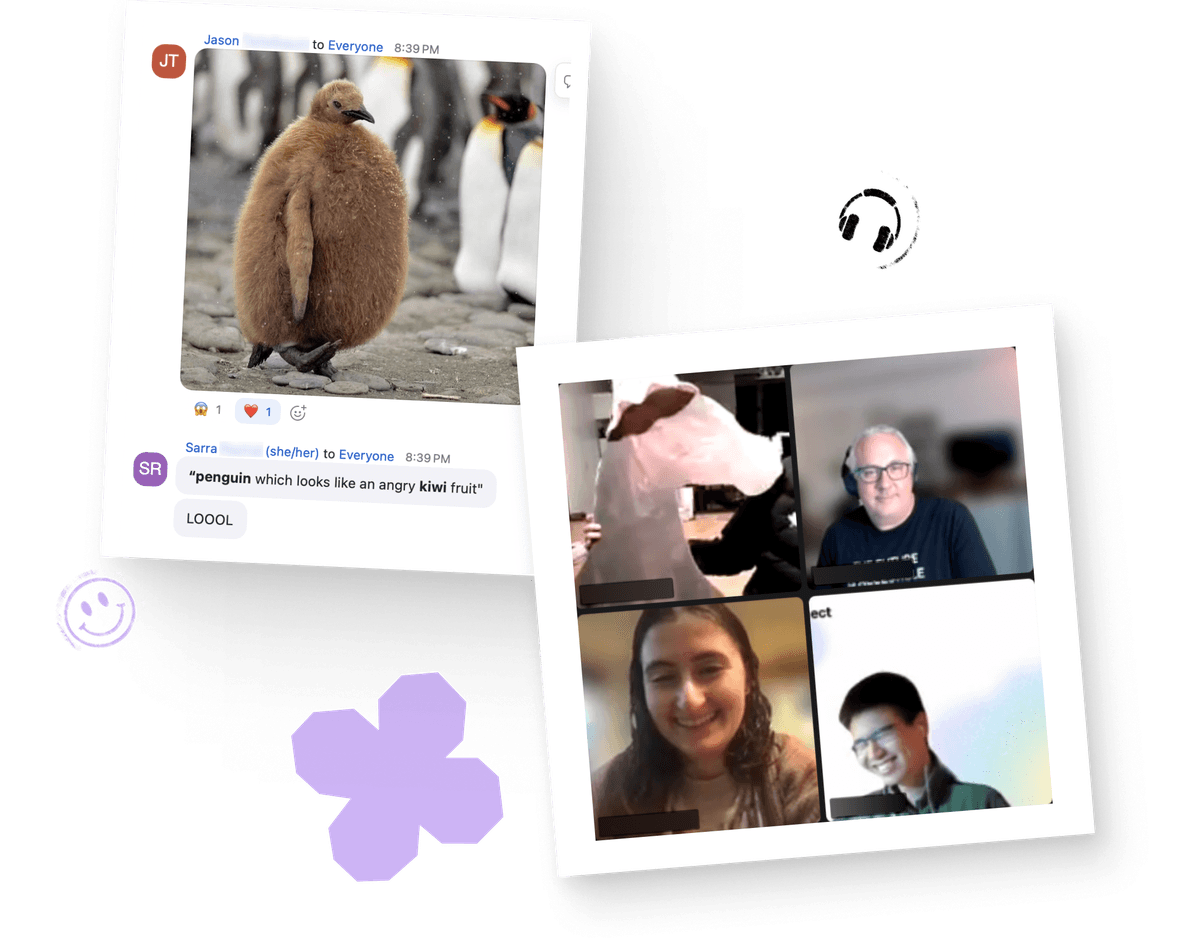 A message thread showing Jason sharing a photo of a fluffy brown juvenile penguin standing among adult penguins. User Sarra playfully comments that it 'looks like an angry kiwi fruit' and adds 'LOOOL'. Beside this is a video call screenshot capturing people mid-laugh, with one person holding up a life-sized cardboard cutout of a horse. Purple decorative elements and a headphone icon accent the friendly exchange.