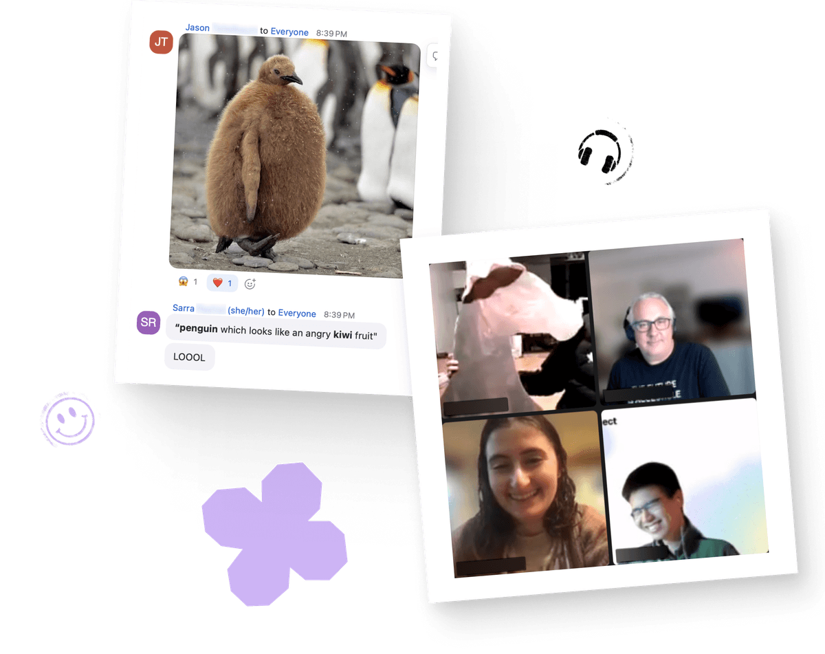 A message thread showing Jason sharing a photo of a fluffy brown juvenile penguin standing among adult penguins. User Sarra playfully comments that it 'looks like an angry kiwi fruit' and adds 'LOOOL'. Beside this is a video call screenshot capturing people mid-laugh, with one person holding up a life-sized cardboard cutout of a horse. Purple decorative elements and a headphone icon accent the friendly exchange.