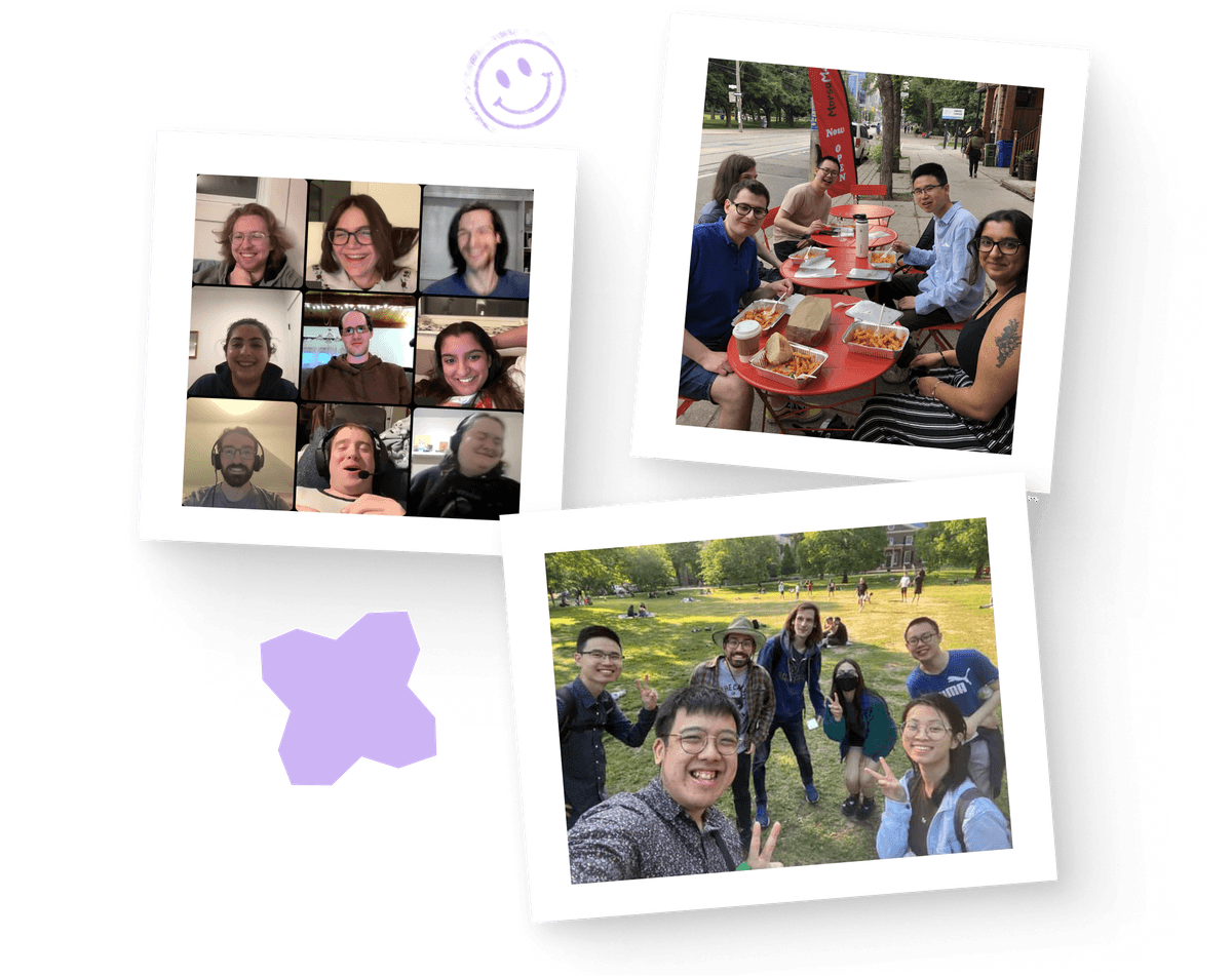 A warm collage celebrating community connection both online and in person. The images show neurodivergent friends gathering joyfully—sharing laughs on a video call grid, bonding over food at a bright red outdoor table, and taking a spontaneous group selfie in a sunny park.