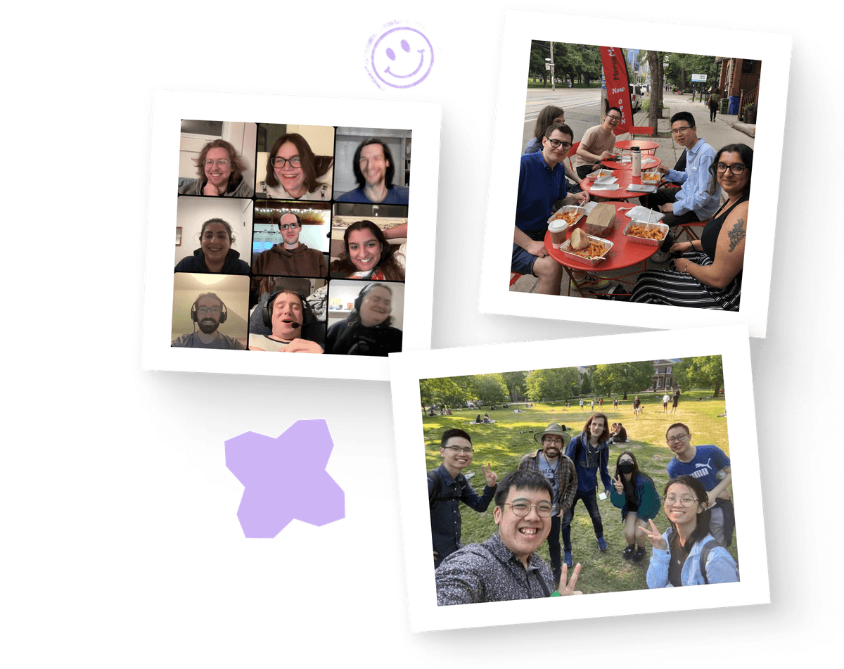 A warm collage celebrating community connection both online and in person. The images show neurodivergent friends gathering joyfully—sharing laughs on a video call grid, bonding over food at a bright red outdoor table, and taking a spontaneous group selfie in a sunny park.