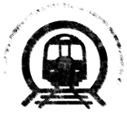 A stamp of a train on a railroad