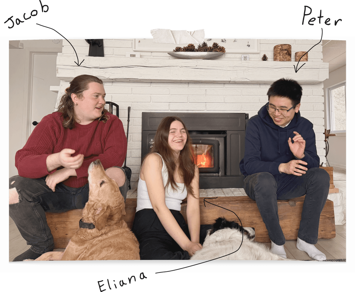a screenshot of the ND Connect team in a zoom call. Jacob, a white non-binary person wearing headphones, is in the top-left with the tags: 'autistic', 'non-binary', and 'LGBTQ'. Peter, an East-Asian man with short hair and glasses with a public train background, is in the top-right with the tags: 'neurodivergent' and 'East Asian'. Eliana, a white woman smiling and wearing a purple shirt, is on the bottom with the tags: 'woman', 'LGBTQ', and 'ADHD'.
