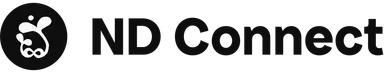 the ND Connect logo, a white sketch of an infinity sign with two plants, one larger than the other, growing out of it towards the sun on a black circle background